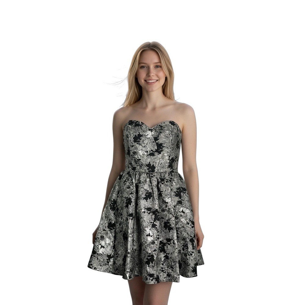 Jay Godfrey Black Silver Metallic‎ Fit and Flare  Strapless Mini Dress 6 - 2980